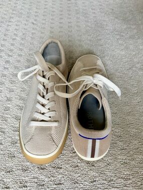 Rothy's Beige Canvas Washable Lace-Up Sneakers with Striped Heel Detail 6.5
